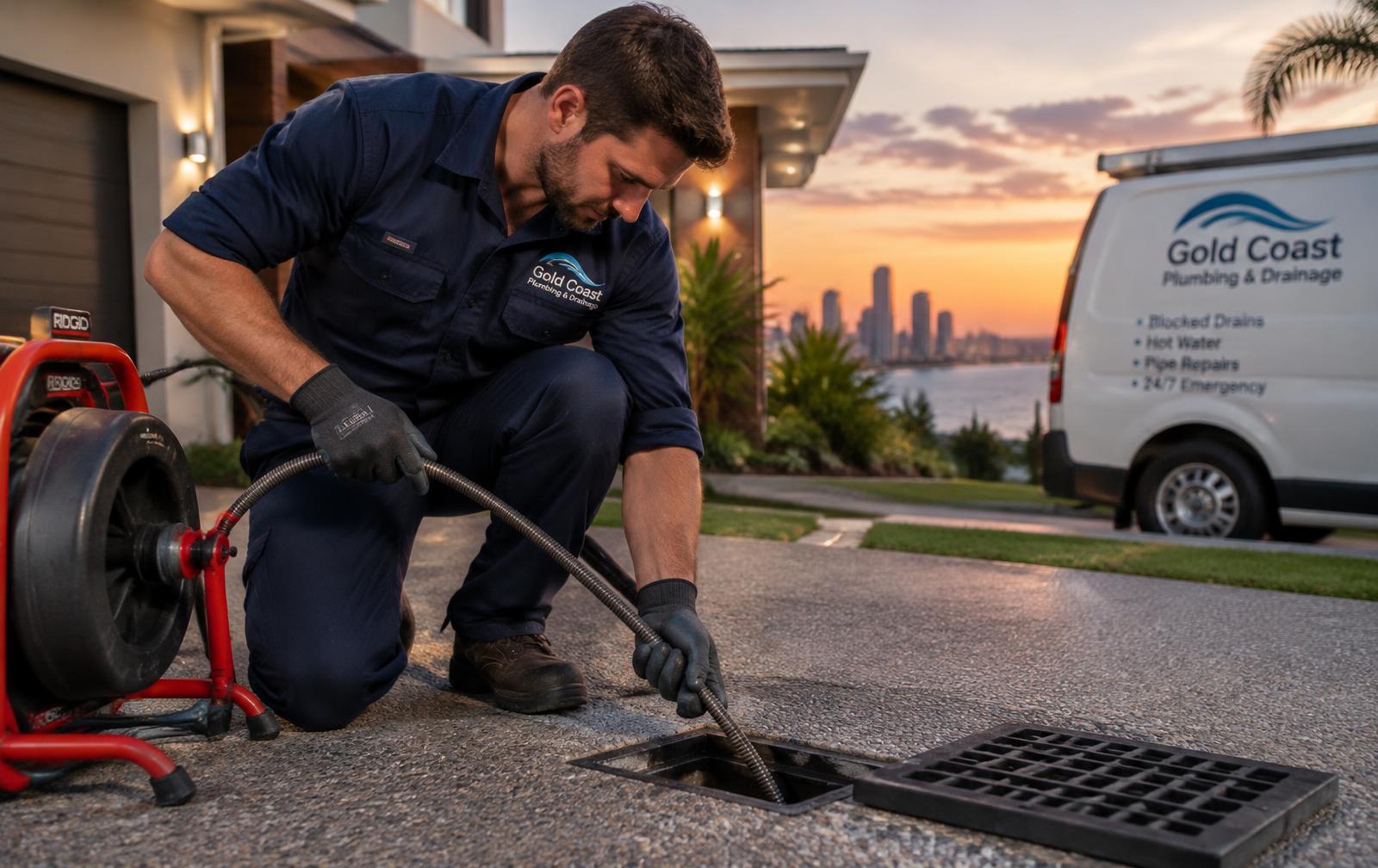 Flow Masters plumber clearing a blocked drain on the Gold Coast